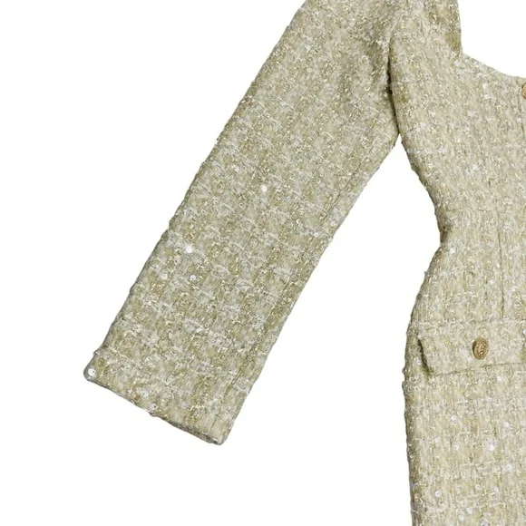 Gianni Bini Lissy Sequin Tweed Long Sleeve Button Front Mini Dress Champagne NEW - Picture 7 of 16
